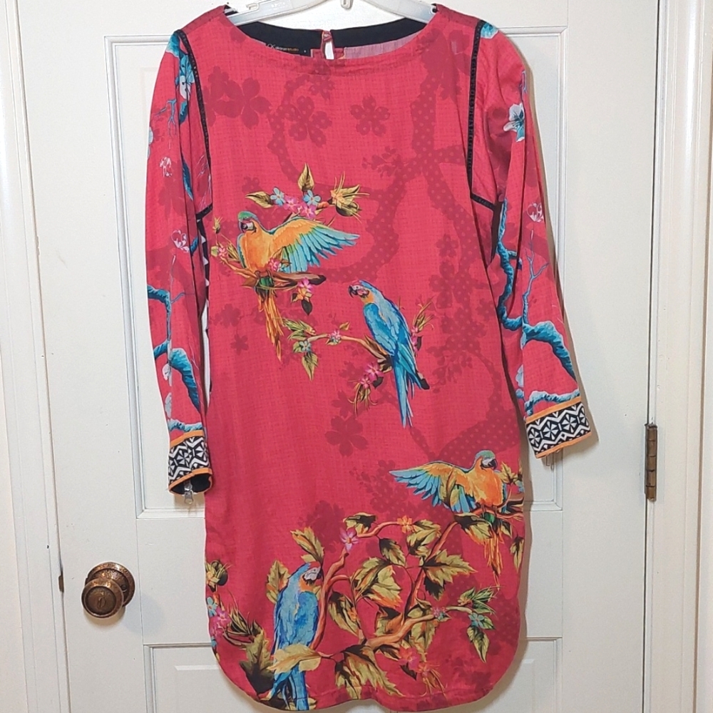 Red Cotton Parrot-printed Kurta Swimsuit Cover-up with Pockets, Size S